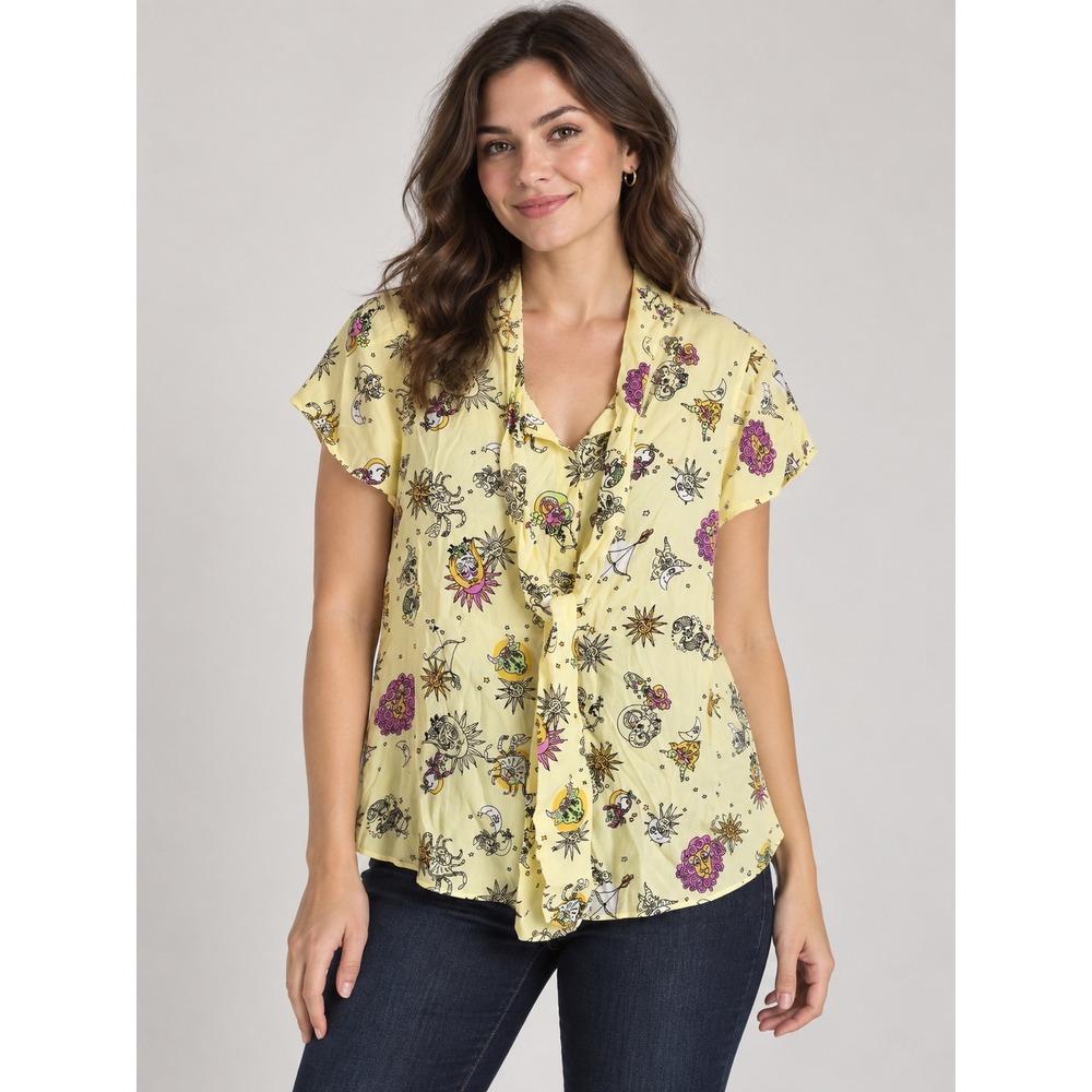 ModCloth Yellow Celestial Zodiac Print Tie Neck Blouse Short Sleeve Medium